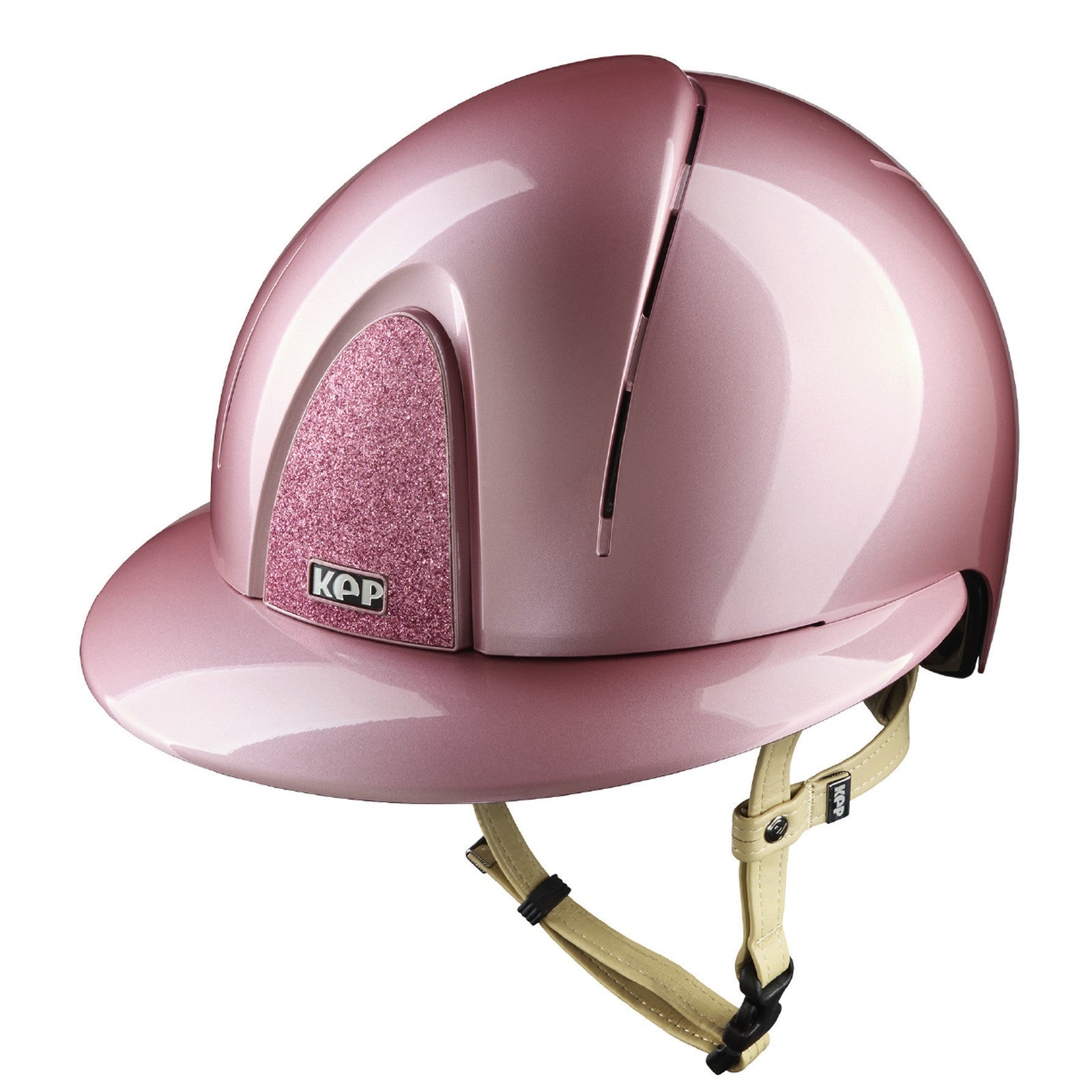 KEP Italia Smart Nova Pink with Pink Glitter Star, polo visor, cream chin strap – front