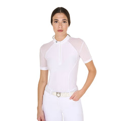 Equestro Women's Competition Polo Shirt in Stretch Tulle With Zip