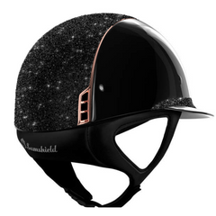 Miss Shield Black Shadowglossy, Black Fine Crystal Medley Top and Frontal Band, Rose Gold Trim and Blazon