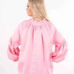 LC32 Baby Pink Linen Gathered Sleeve Shirt