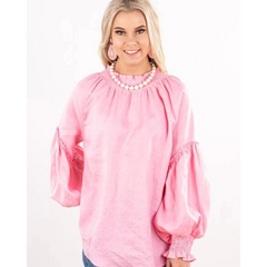 LC32 Baby Pink Linen Gathered Sleeve Shirt